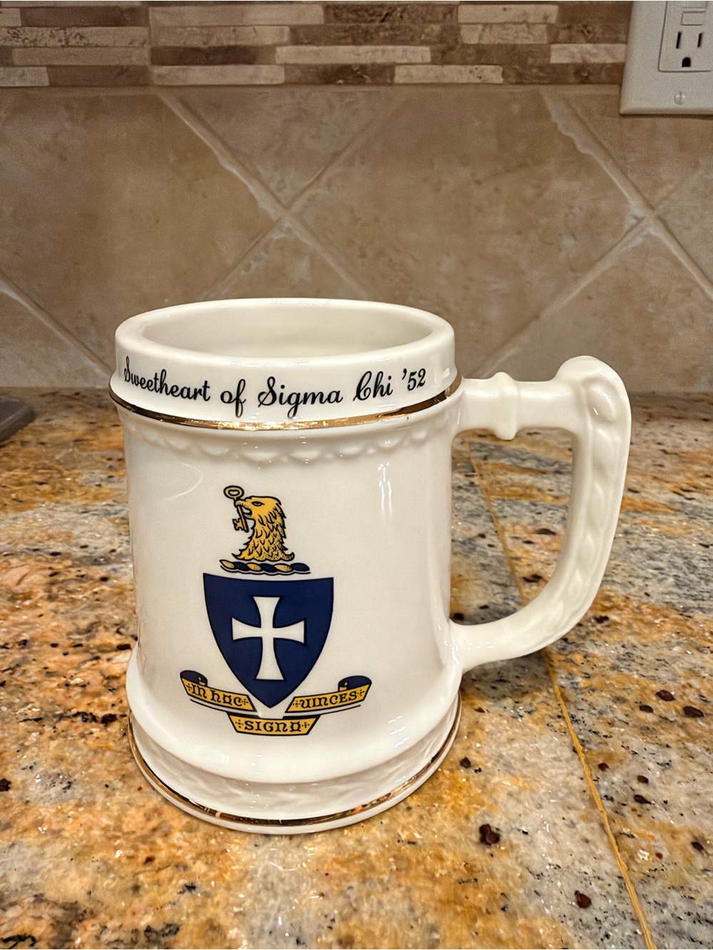 Cream Ceramic Crest Stein Mug with Blue Shield and Gold Trim